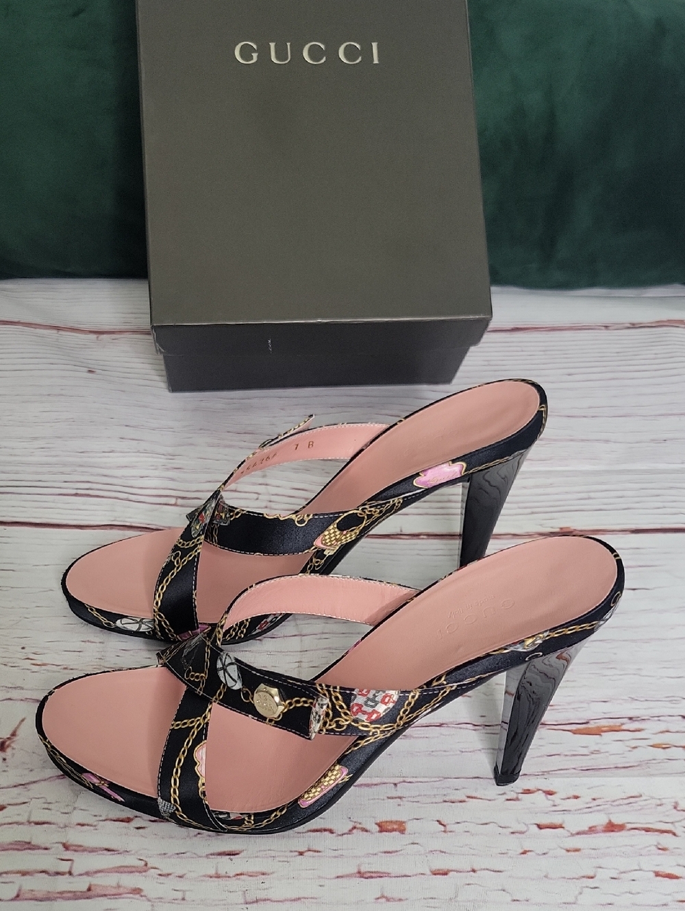 Gucci Techno Charms Print Pink & Black High Heel Sandals - Picture 9 of 9